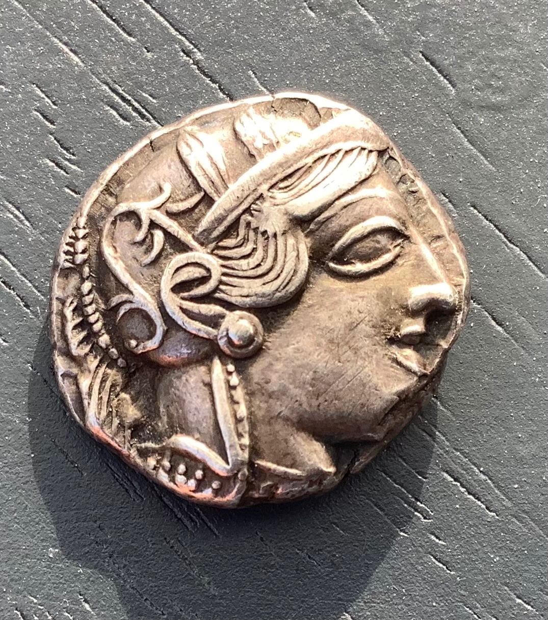 ATTICA, Athens, AR Tetradrachm, late standardised type, c. 440-405, helmeted head of Athena right, rev. owl standing right, olive sprig to left, a?e to right, all within incuse square, 17.5g, 22mm